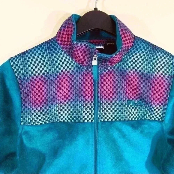 Fila Athleisure Green Teal Geometric Fleece Fur Full Zip Collared Jacket Size L - Picture 2 of 10